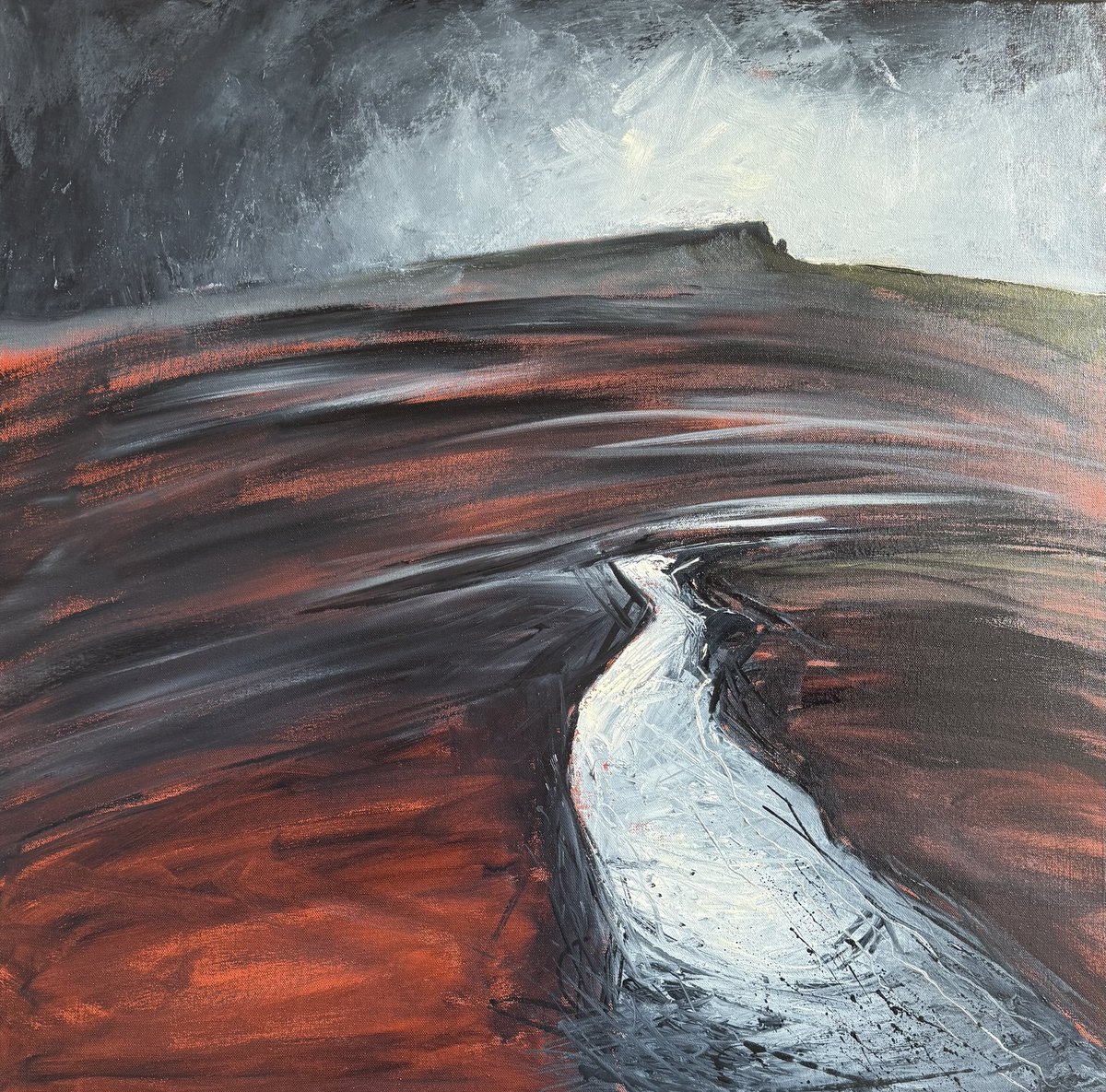 staithesartist's tweet image. #WIP3 #HiggerTor #oils I love streams or paths that go off into the distance. A big square #canvas 30x30” Need to let it dry off a bit before the next stage #monochromatic