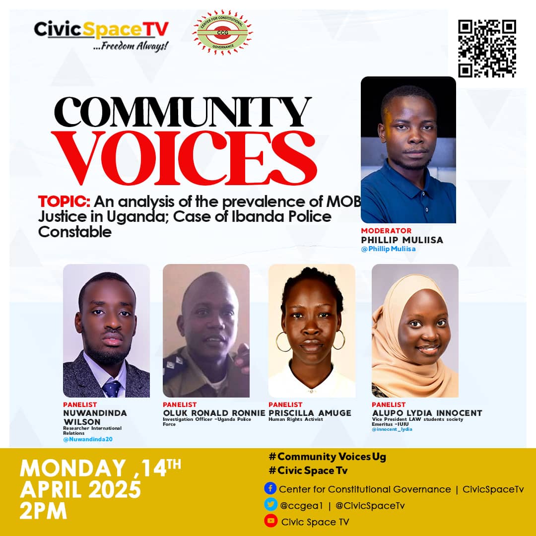 'Mob justice in Uganda; case of Ibanda Police constable.' 
#CommunityVoicesUG is showing on #CivicSpaceTV 
<a href="/Nuwandinda20/">NUWANDINDA🇺🇬</a> <a href="/PHILIPMULIISA/">PHILIP MULIISA ( PM)</a> <a href="/innocent_lydia/">Innocent Lydia Alupo</a> 

Watch via youtu.be/-dxYf0RTiIM?si… and subscribe to the channel.