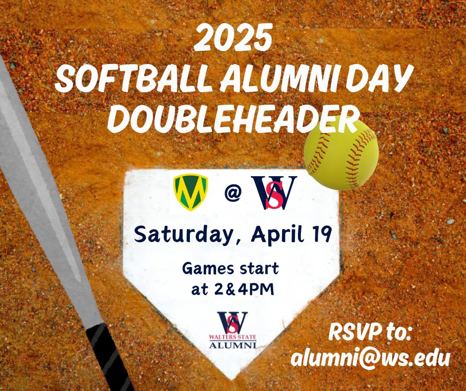 Join us Saturday, April 19 for an Alumni Day Doubleheader as Walters State Softball hosts Motlow State - games start at 2 and 4PM. Stop by the check in table at the field for WS Alumni T-shirts, swag items, and a picture. RSVP by going online to rb.gy/0yjats