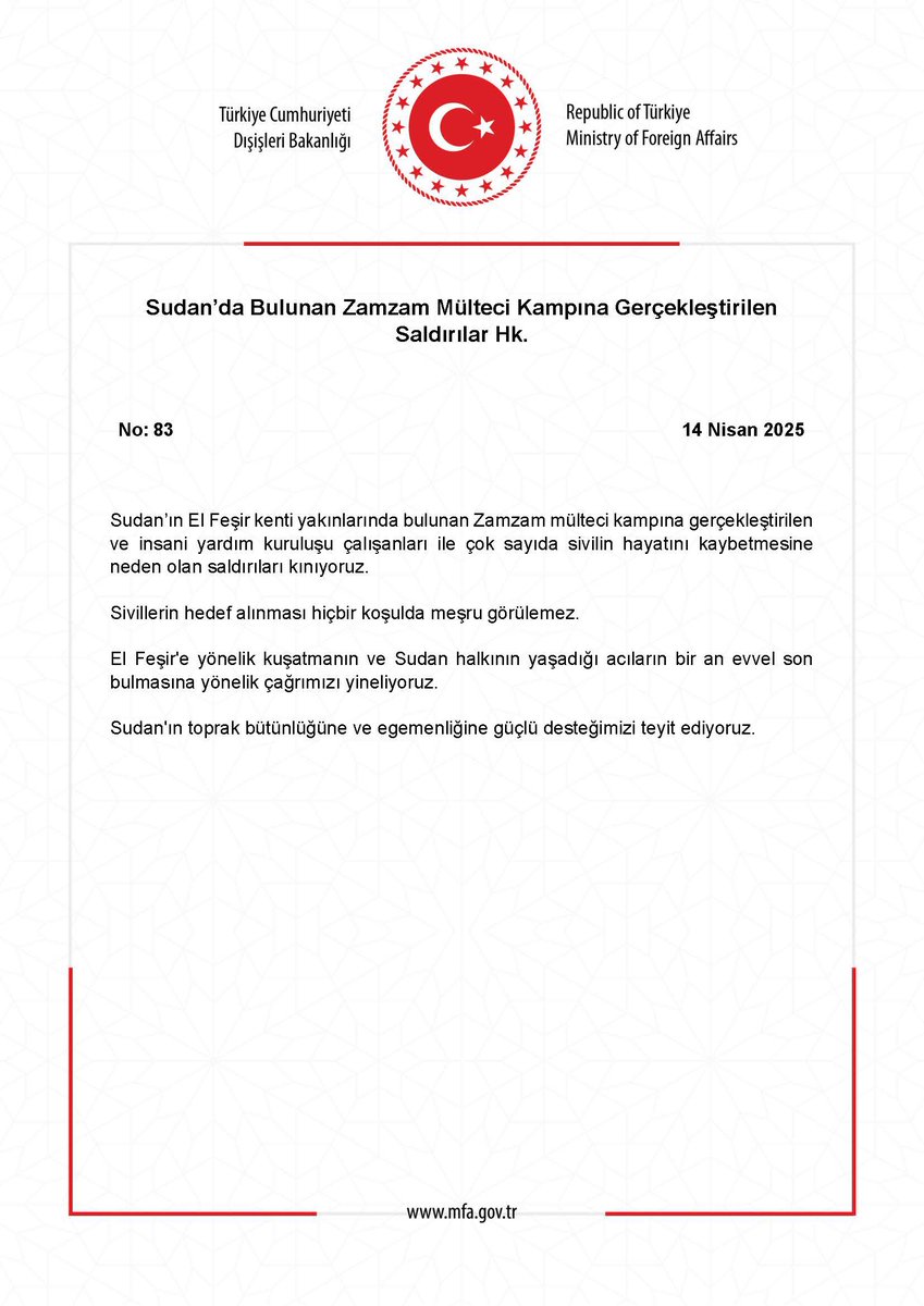 T.C. Dışişleri Bakanlığı (@tc_disisleri) on Twitter photo Sudan’da Bulunan Zamzam Mülteci Kampına Gerçekleştirilen Saldırılar Hk. mfa.gov.tr/no_-83_-sudan-… Sudan’da Bulunan Zamzam Mülteci Kampına Gerçekleştirilen Saldırılar Hk. mfa.gov.tr/no_-83_-sudan-…