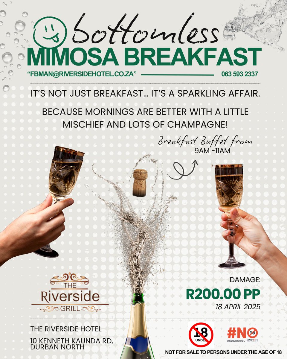 🥂 Bottomless Mimosa Breakfast at The Riverside Hotel!
✨ Breakfast buffet, unlimited mimosas, good vibes &amp; great views.
📅 18 April | 💸 R200pp
📍 Durban North
📧 fbman@riversidehotel.co.za | 📞 063 593 2337
#BottomlessBreakfast #DurbanEats #MeetAtTheRiverside
