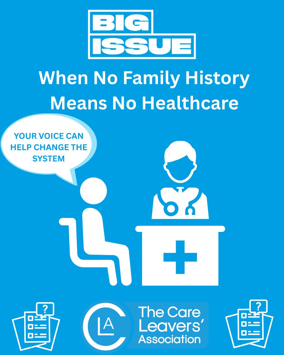 Care Leavers' Assoc (@careleavers) on Twitter photo 🧬 No family medical history & struggling with healthcare?
@SophiasSocials is investigating how the NHS fails care leavers & estranged adults.
📩 Share your story: sophia.hall@bigissue.com
#CareExperienced #HealthInequality 🧬 No family medical history & struggling with healthcare?
@SophiasSocials is investigating how the NHS fails care leavers & estranged adults.
📩 Share your story: sophia.hall@bigissue.com
#CareExperienced #HealthInequality