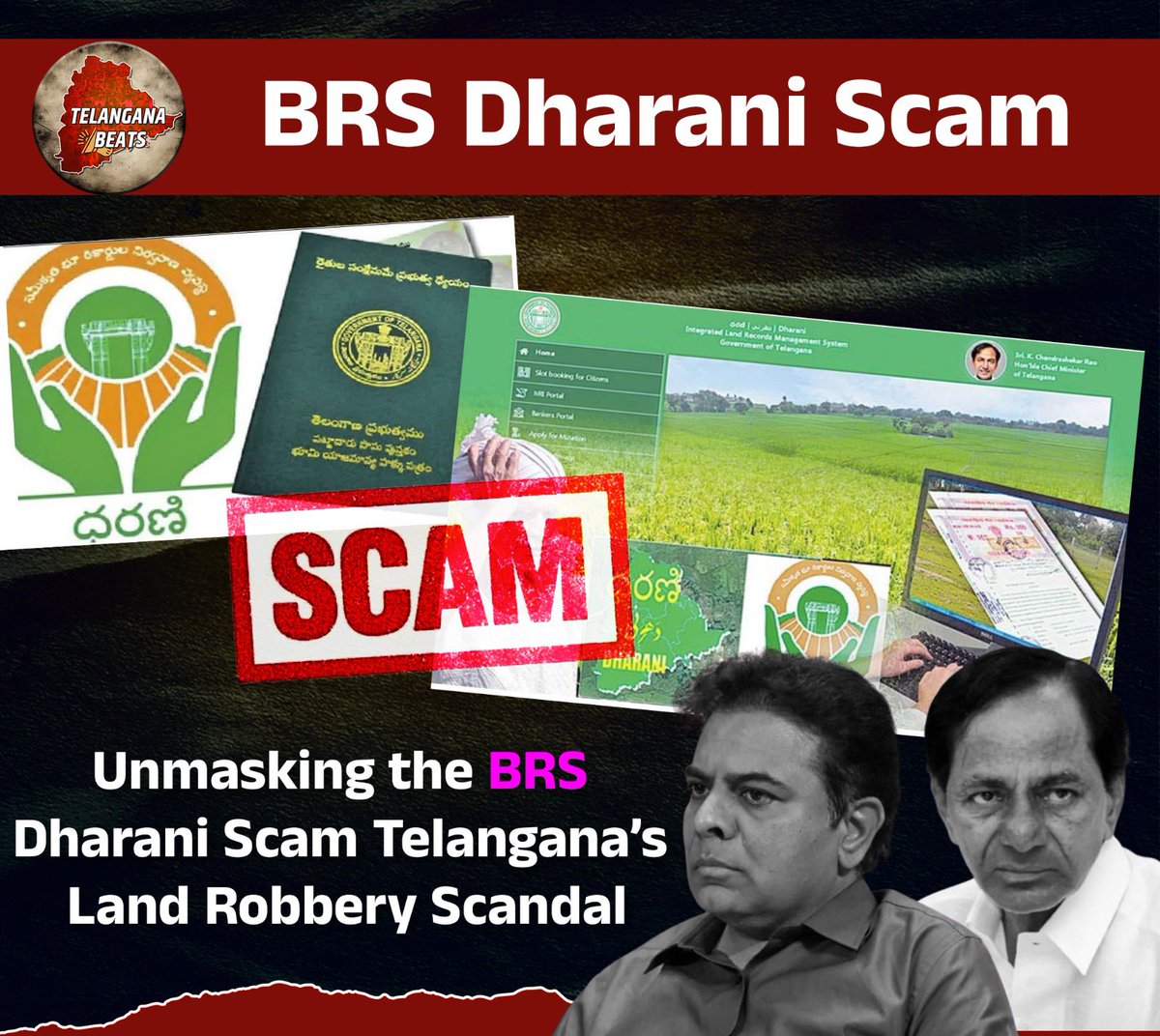 TelanganaBeats's tweet photo. 🚨Unmasking the BRS Dharani Scam — Telangana’s Land Robbery Scandal
Launched in 2020 by BRS, the Dharani portal promised to streamline land records.
Instead, it became a tool for one of Telangana’s biggest land scams.
Here’s the ugly truth.
#DharaniScam #BRSscamfiles