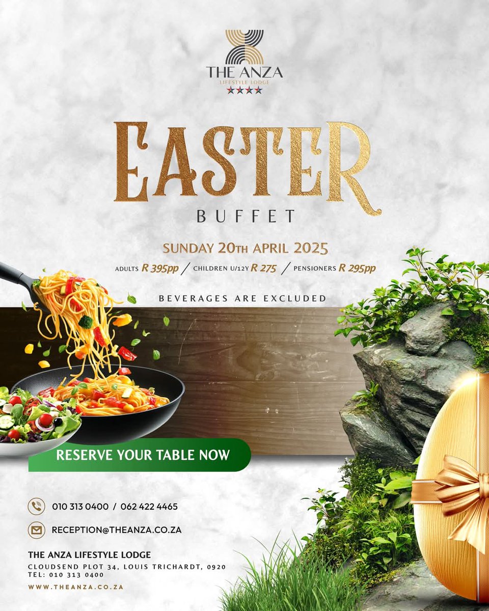 Join us this Easter at The Anza Lifestyle Lodge for an elegant buffet experience. Celebrate the season with a carefully curated selection of gourmet dishes in a warm and welcoming atmosphere. 

We look forward to hosting you.
#theanzalifestylelodge #theanzaexperience 
#easter