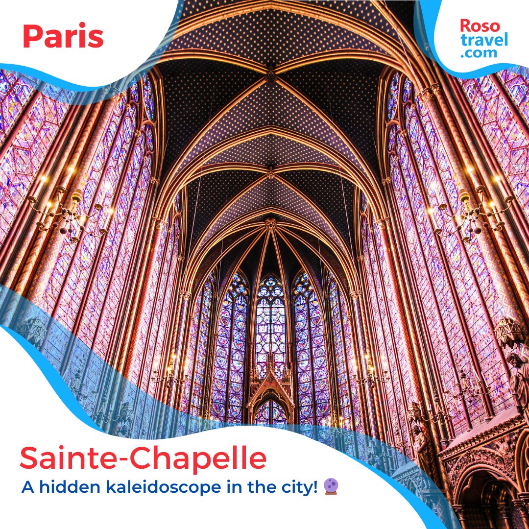 RosoTravel's tweet photo. Tucked away on Île de la Cité, this chapel stuns with its towering stained-glass windows—like stepping into a kaleidoscope!💡 
📢 Would you step inside a rainbow made of glass? 🌈 #rosotravel https://t.co/fVWJD0x2Q9