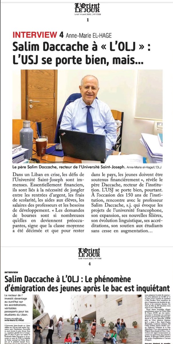 Aujourd’hui dans L’Orient Le Jour 
Interview avec le Recteur de l’USJ, le Pr Salim Daccache s.j. .
<a href="/ofp_usj/">Obs fonction publique et bonne gouvernance (OFP).</a> <a href="/USJLiban/">USJ</a>