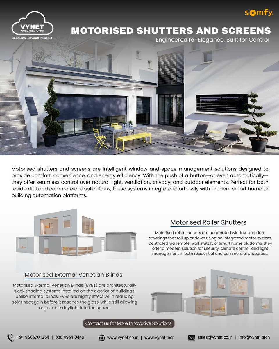 VYNETTECHNOLOGY's tweet image. Smart,stylish &amp;amp; secure -motorised shutters &amp;amp; screens for modern living.

Contact details
📞 +91 9606701264
📨 info@vynet.tech
🌐 vynet.tech

#SmartLiving #HomeAutomation #MotorisedShutters #SmartShades #ModernLiving #AutomatedHomes #LuxuryInteriors #TechDrivenLiving