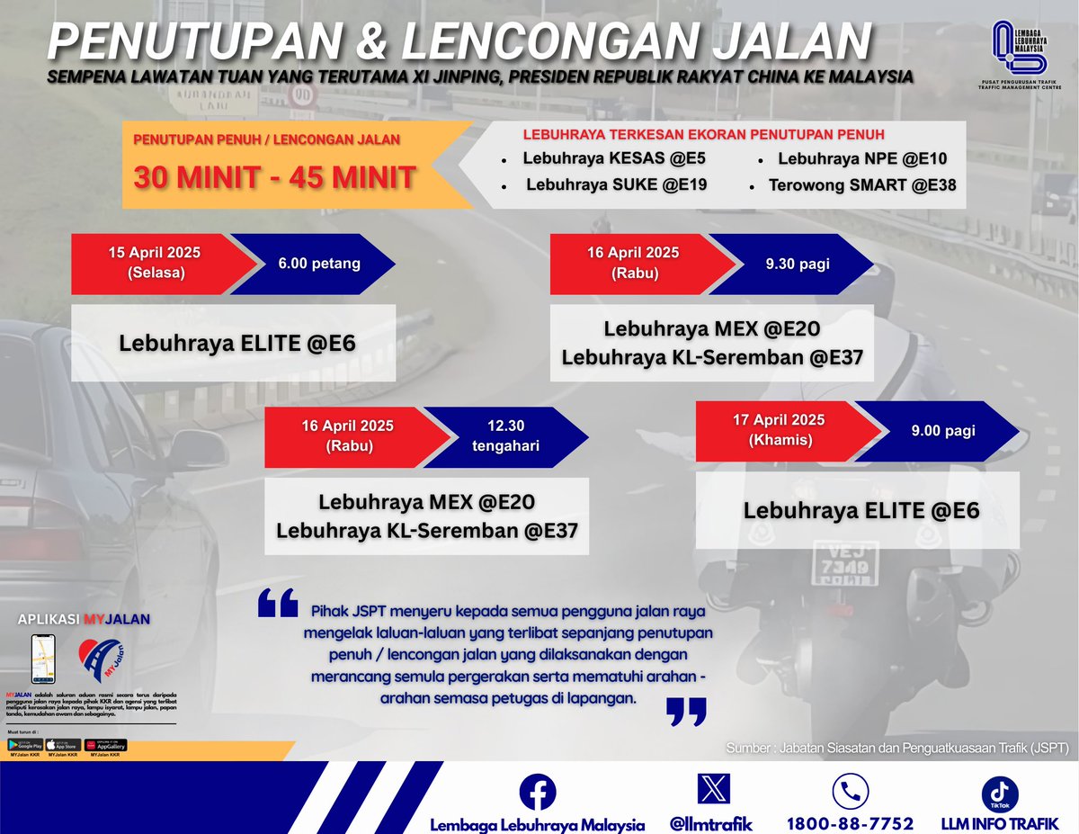 llmtrafik's tweet photo. [MAKLUMAN]

Penutupan penuh dan lencongan jalan sempena lawatan Tuan Yang Terutama Xi Jinping, Presiden Republik Rakyat China ke Malaysia. Sila rancang perjalanan anda dan gunakan laluan alternatif. Rujuk infografik berikut untuk makluman lanjut. https://t.co/PpTHPuTjpw