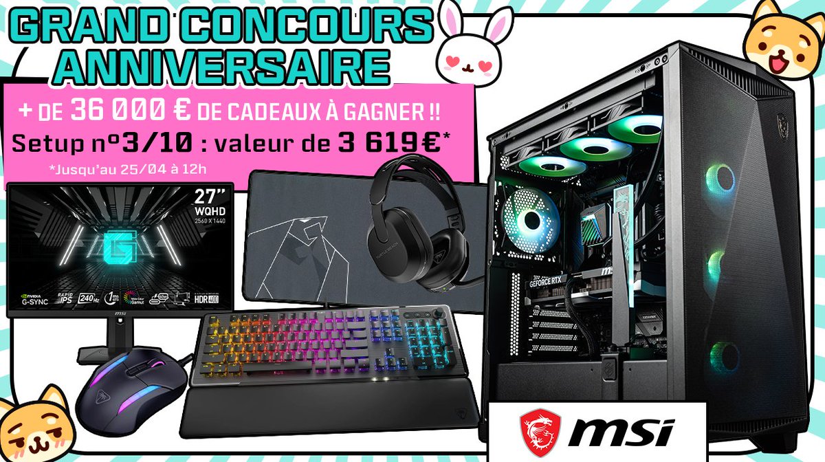 🎁 #26AnsTopAchat (@topachat) on Twitter photo Concours 🎁 26 Ans TopAchat
🔥 + de 36 000 € de cadeaux à gagner !
On enchaine avec le #Setup3 de 3619€ ! <a href="/msifrance/">MSI France</a>
Pour participer
☑ #RT ce tweet
☑ Follow <a href="/TopAchat/">🎁 #26AnsTopAchat</a>
☑ Commente avec #26AnsTopAchat
Participe aussi ici ⬇️
topachat.com/p/content/conc…
🍀 TAS le 25/04 à 12h Concours 🎁 26 Ans TopAchat
🔥 + de 36 000 € de cadeaux à gagner !
On enchaine avec le #Setup3 de 3619€ ! <a href="/msifrance/">MSI France</a>
Pour participer
☑ #RT ce tweet
☑ Follow <a href="/TopAchat/">🎁 #26AnsTopAchat</a>
☑ Commente avec #26AnsTopAchat
Participe aussi ici ⬇️
topachat.com/p/content/conc…
🍀 TAS le 25/04 à 12h