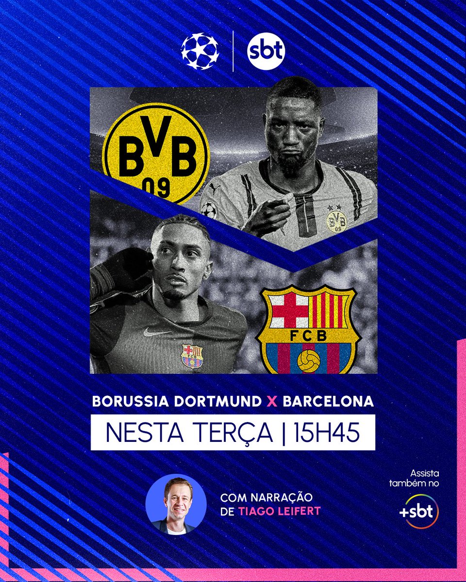 JOGO DECISIVO!🌟

Terça, às 15h45, tem 🇩🇪Borussia Dortmund x Barcelona🇪🇸 pela Champions no SBT, com narração de Tiago Leifert

Assista ao vivo e de graça também pelo +SBT 💻 #sbtsportsrio #sbtsports
