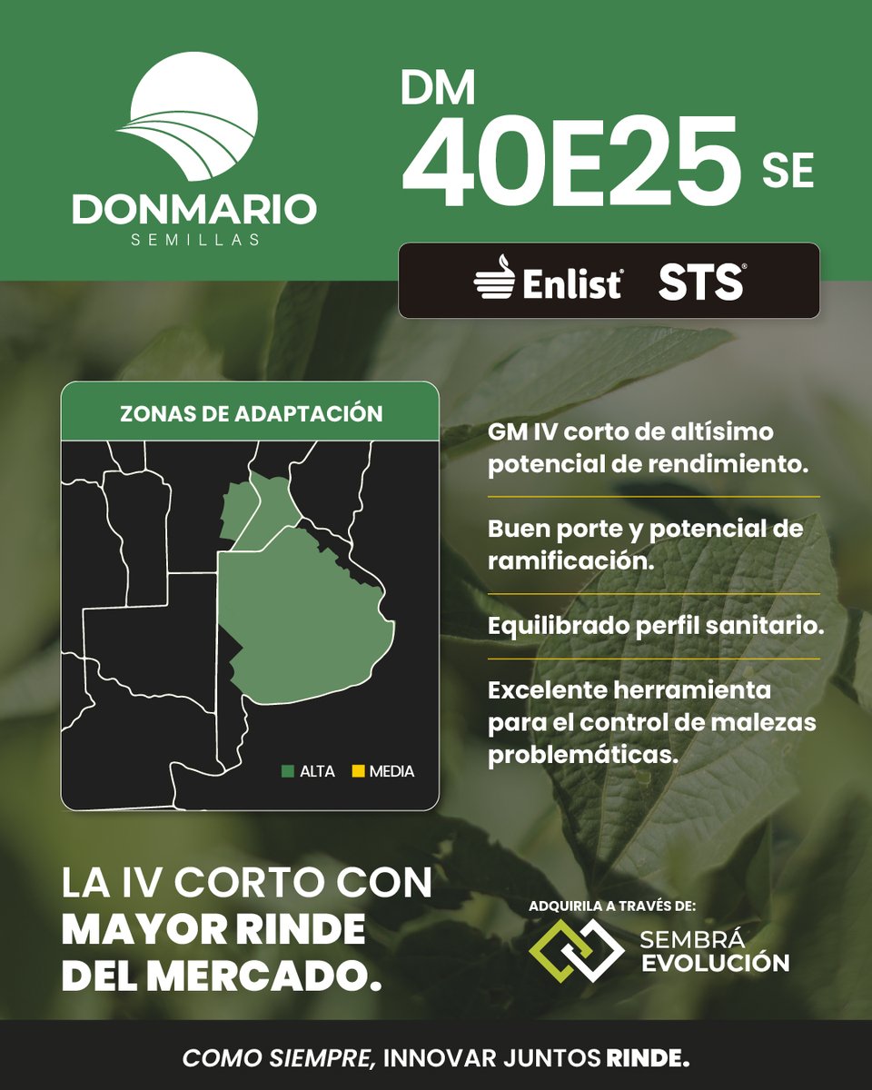 ecoruralsa's tweet photo. ¡LANZAMIENTO! 🌱
En EcoRural S.A. ya tenemos la nueva soja Don Mario DM 40E25 SE: la IV CORTO de mayor rinde del mercado 💪
✔️ Buen porte y gran potencial de ramificación
 ✔️ Perfil sanitario equilibrado
 ✔️ Ideal para el control de malezas problemáticas https://t.co/rgcAuw1Ah9