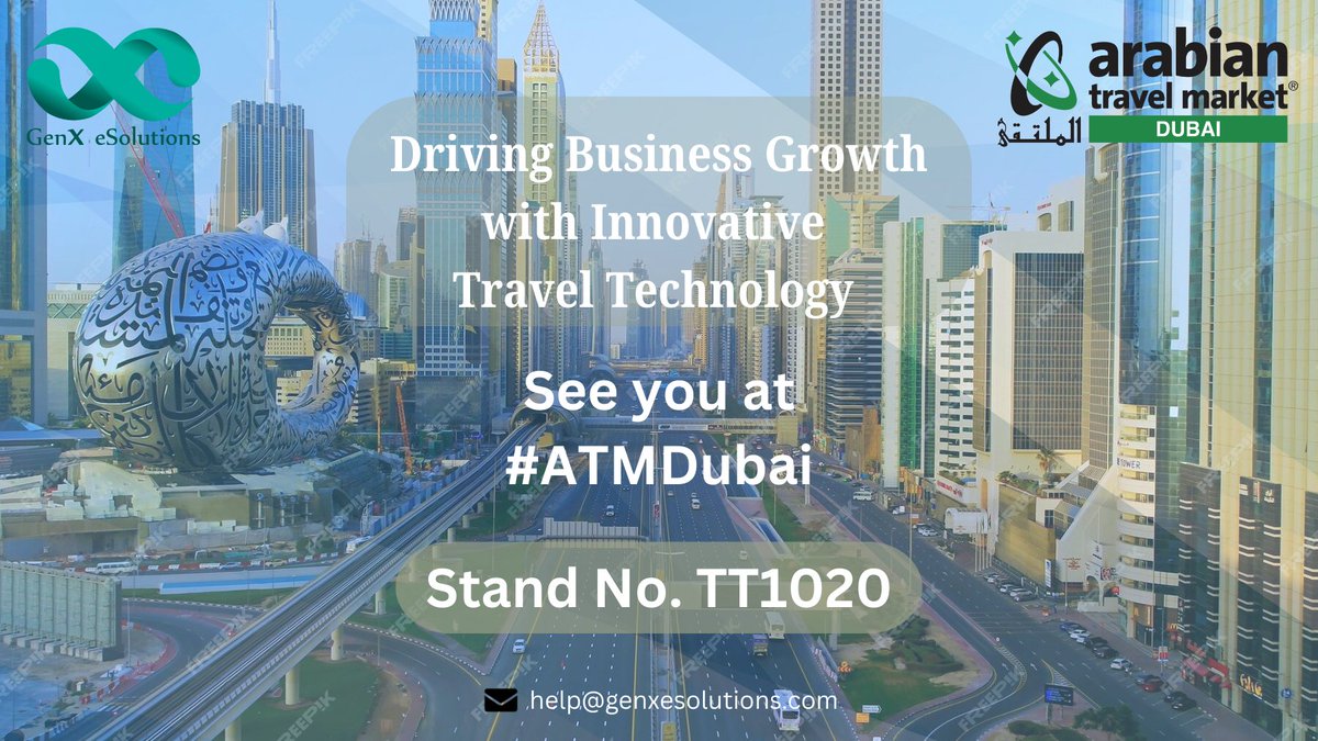 GenXeSolutions's tweet photo. We’re thrilled to be part of the Arabian Travel Market (ATM) Dubai 2025, happening April 28 – May 1, 2025.  Find us at:
 ✅ Booth No: TT1020
 ✅ Hall: ZABEEL HALL 1
 ✅ Venue: Dubai World Trade Centre, Dubai, UAE
Let’s talk travel tech and innovation – schedule your appointment! https://t.co/AvFksh0ssE