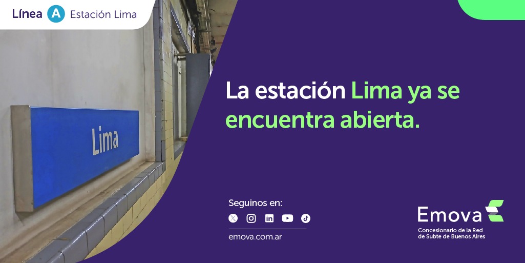🚨 ¡Atención usuarios!

👉 La estación Lima de la #LíneaA ya se encuentra operativa.
ℹ️ <a href="/Emova_arg/">Emova - Concesionario del Subte de Buenos Aires</a>