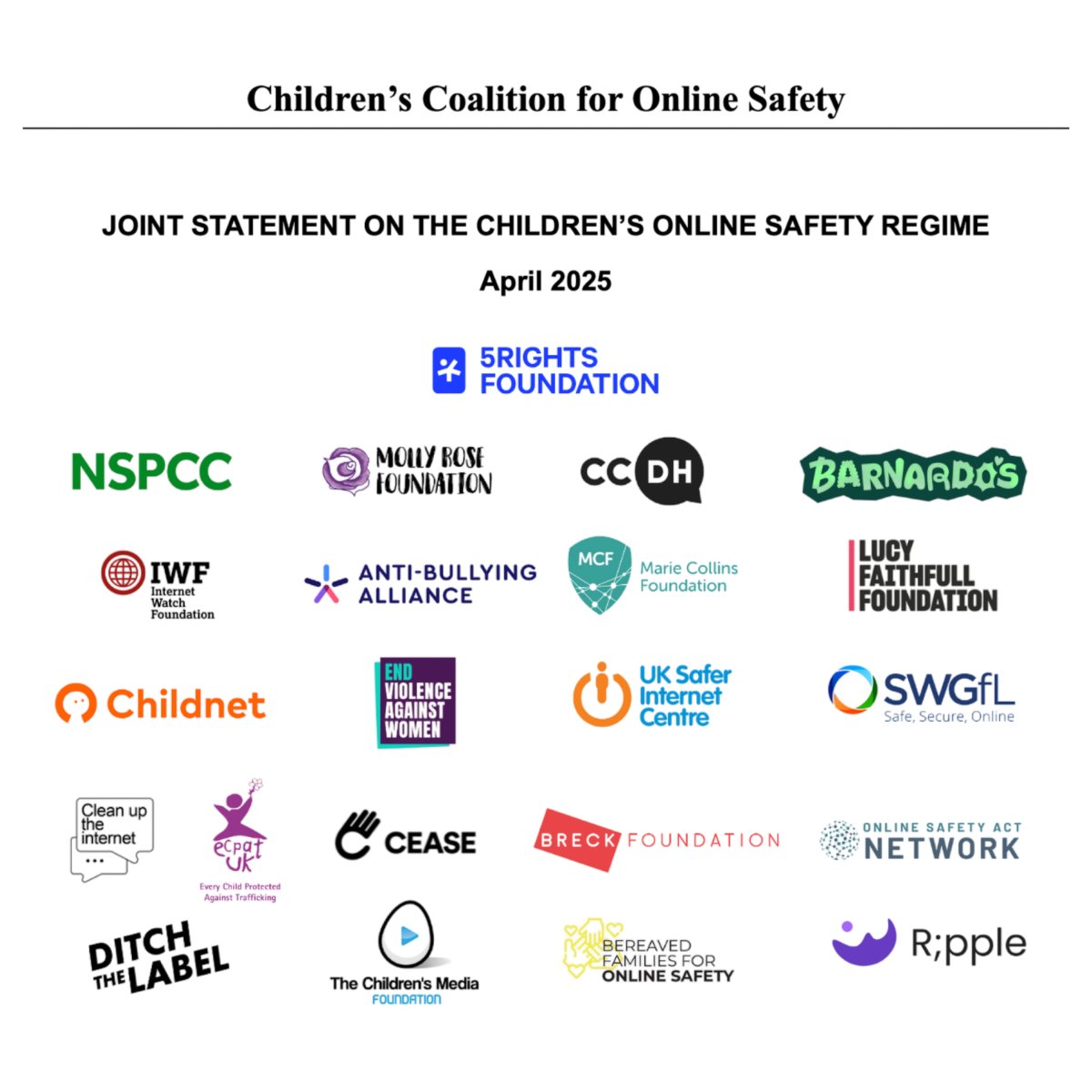 5Rights Foundation (@5rightsfound) on Twitter photo ā ļø Over 20 orgs & bereaved parents have joined 5Rights in calling on Govt & Ofcom to strengthen the UKās online safety regime ā not weaken it.
With the Protection of Children Code of Practice due soon, this is a critical moment.
š Our joint statement:
5rightsfoundation.com/resource/joint⦠ā ļø Over 20 orgs & bereaved parents have joined 5Rights in calling on Govt & Ofcom to strengthen the UKās online safety regime ā not weaken it.
With the Protection of Children Code of Practice due soon, this is a critical moment.
š Our joint statement:
5rightsfoundation.com/resource/jointā¦