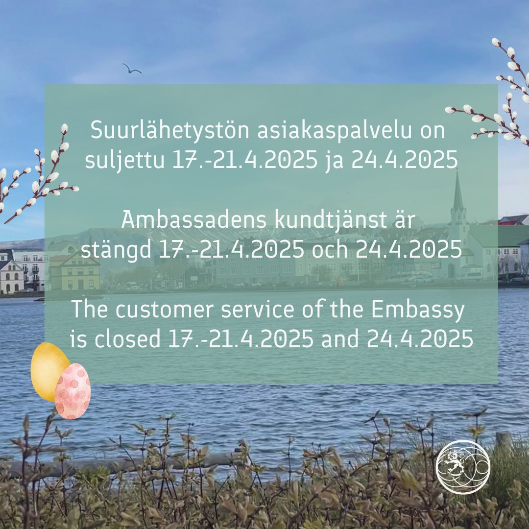 Suurlähetystön asiakaspalvelu on suljettu 17.-21.4.2025 ja 24.4.2025. Toivotamme kaikille hyvää pääsiäistä!
Hätätapauksessa ota yhteyttä ulkoministeriön päivystykseen:
puh. +358 9 1605 5555
tai sähköpostitse paivystys.um@gov.fi