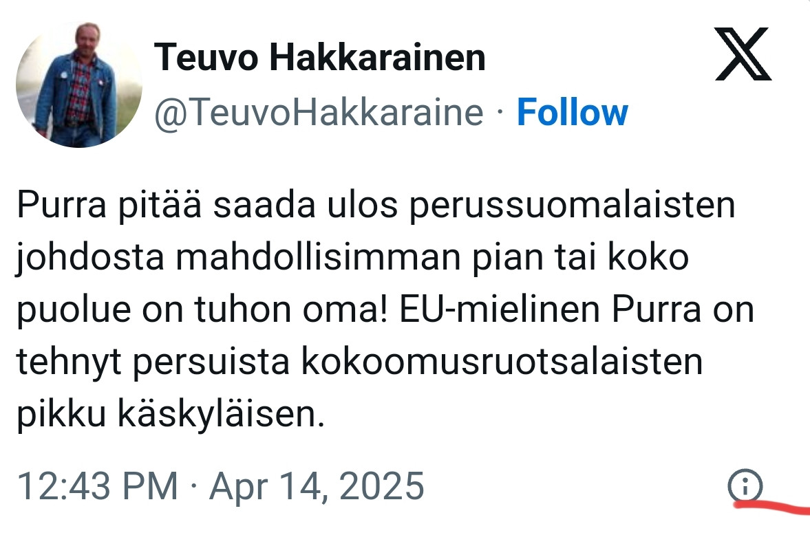 tuulimukka2's tweet photo. Timo Soini:
"– Purrassa on halla-aholaisen fanaatikon leimaa, se voi vaan jyrätä samalla linjalla, jos ei painetta tule eduskuntaryhmästä. Puolueesta on tullut lahko."
#perut #purra
Teuvo: https://t.co/3Glnw9Xtum