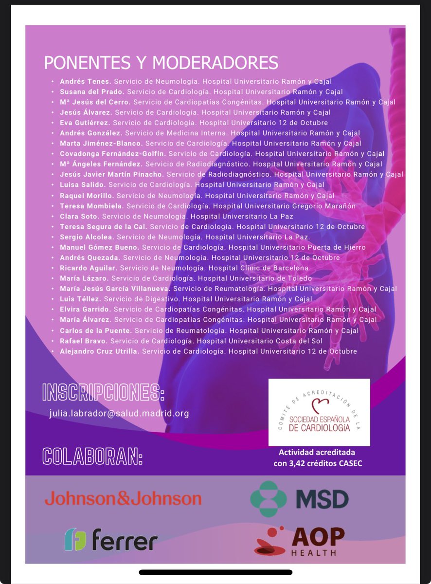 Jesús Álvarez-García (@j_alvarezgarcia) on Twitter photo 🚨I JORNADA NACIONAL DE HIPERTENSIÓN PULMONAR PARA RESIDENTES🚨
🏥Ramón y Cajal, Madrid
🗓️27 de mayo de 2025
🆓Inscripción mail a Julia.labrador@salud.madrid.org
¡Todo lo que necesitas saber en 1 día de la mano de expertos y excelentes docentes! 🚨I JORNADA NACIONAL DE HIPERTENSIÓN PULMONAR PARA RESIDENTES🚨
🏥Ramón y Cajal, Madrid
🗓️27 de mayo de 2025
🆓Inscripción mail a Julia.labrador@salud.madrid.org
¡Todo lo que necesitas saber en 1 día de la mano de expertos y excelentes docentes!