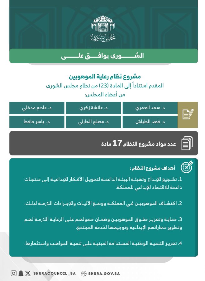 مجلس الشورى يوافق على مشروع نظام رعاية الموهوبين 