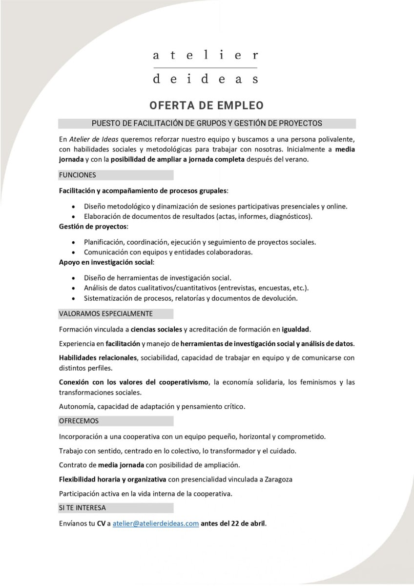 Mercado Social Aragón (@mescooparagon) on Twitter photo 📢Oferta laboral de <a href="/Atelierdeideas/">Atelier de Ideas</a> 
Media jornada con opción a jornada completa en otoño.
📍 Zaragoza 
🎯 Si te interesa Envía CV a atelier@atelierdeideas.com 📢Oferta laboral de <a href="/Atelierdeideas/">Atelier de Ideas</a> 
Media jornada con opción a jornada completa en otoño.
📍 Zaragoza 
🎯 Si te interesa Envía CV a atelier@atelierdeideas.com