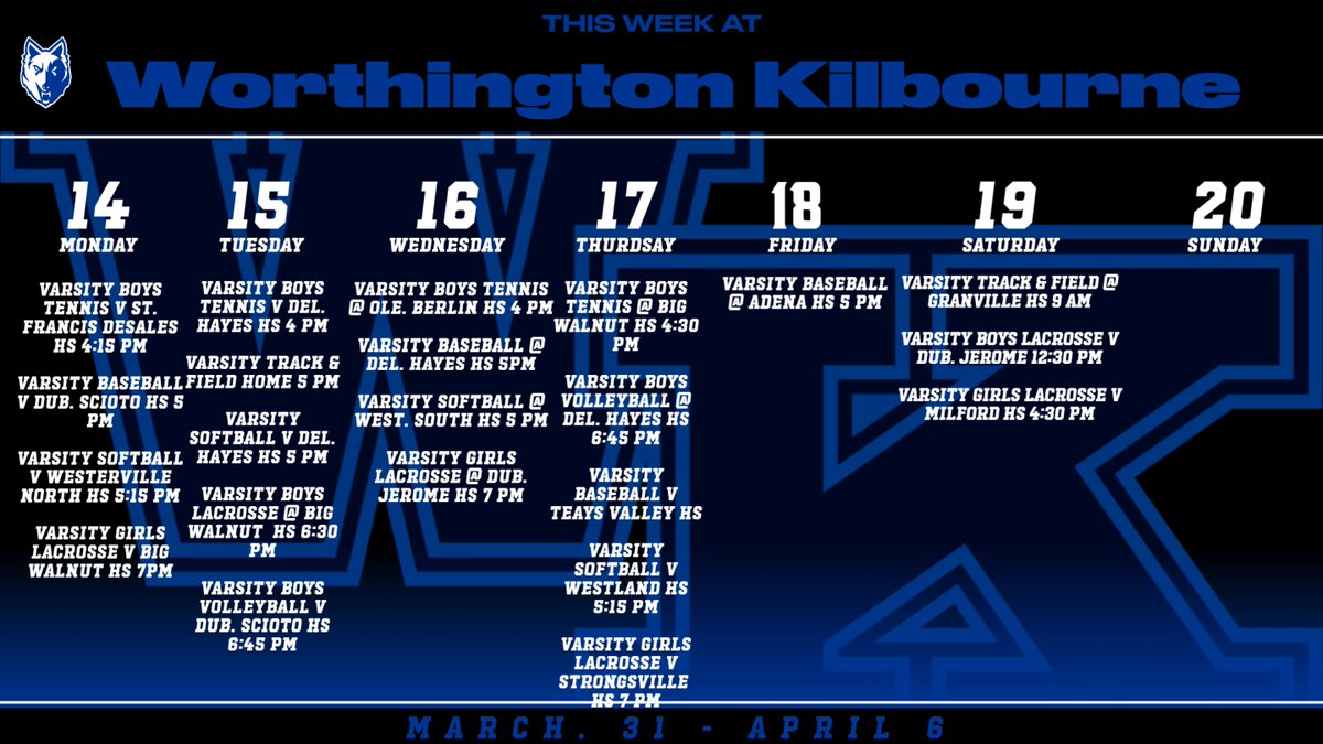 WKHSWolves's tweet photo. Check out what is up and coming this week in WKHS Varsity Athletics! #ForTheWolves 
@wkhsbvolleyball @wkhsglax @wkhs_softball
@Kwolvesbaseball @KilbourneLax @Kilbournetrack
@WKHS_BoysTennis https://t.co/OrefdgCffT
