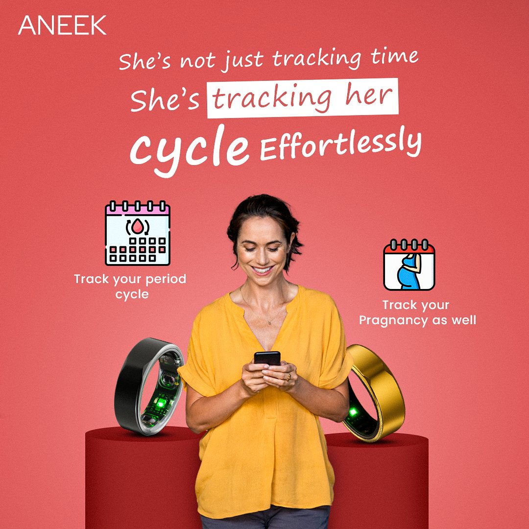 ANEEK278341's tweet photo. She's not just keeping time — she's tracking her cycle.
Track periods &amp; pregnancy with the ANEEK Smart Ring.
Made for HER.
#ANEEK #SmartRing #WomensHealth #WearableTech #Aneek #CycleTracking #PregnancyCare https://t.co/7y3cJQES4K