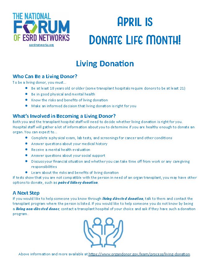 It's Week 3 of #DonateLifeMonth, and we are focusing on living donation. Learn more from this flyer and download them all at esrdnetworks.org/donate-life-mo….