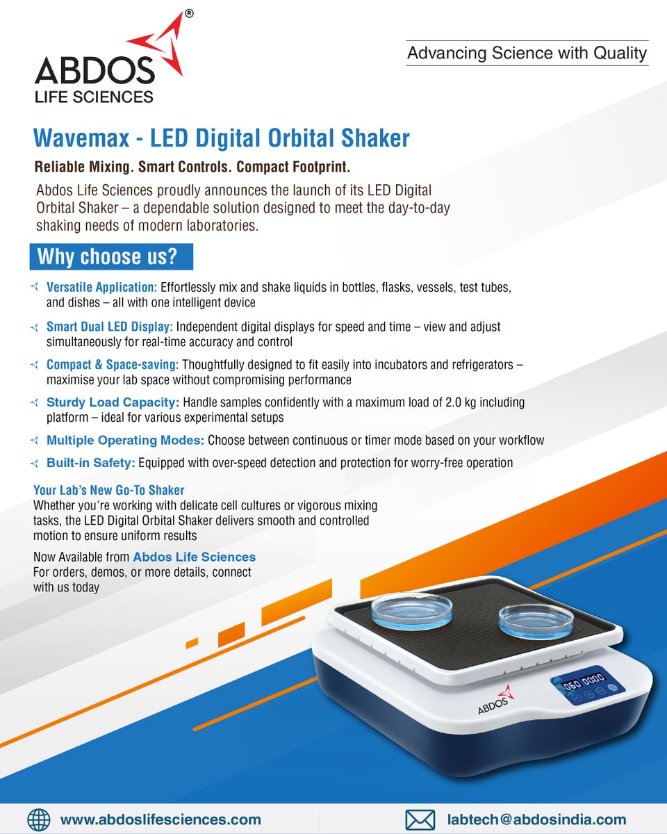 AbdosLabtech's tweet image. 🚀 Introducing the Wavemax - LED Digital Orbital Shaker by Abdos Life Sciences!
#AbdosLifeSciences #Wavemax #LabEquipment #OrbitalShaker #LifeSciences #Innovation #ScientificResearch #LabSolutions #ProductLaunch #AdvancingScienceWithQuality