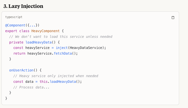 El_Extremal's tweet photo. #TodayILearnt #Angular
Here are examples Clause Ai provided where inject() solves problems that the constructor DI cannot handle:
I am curious if Lazy injection throws with 'inject() must be called from an injection context' https://t.co/KDfC7OBVea