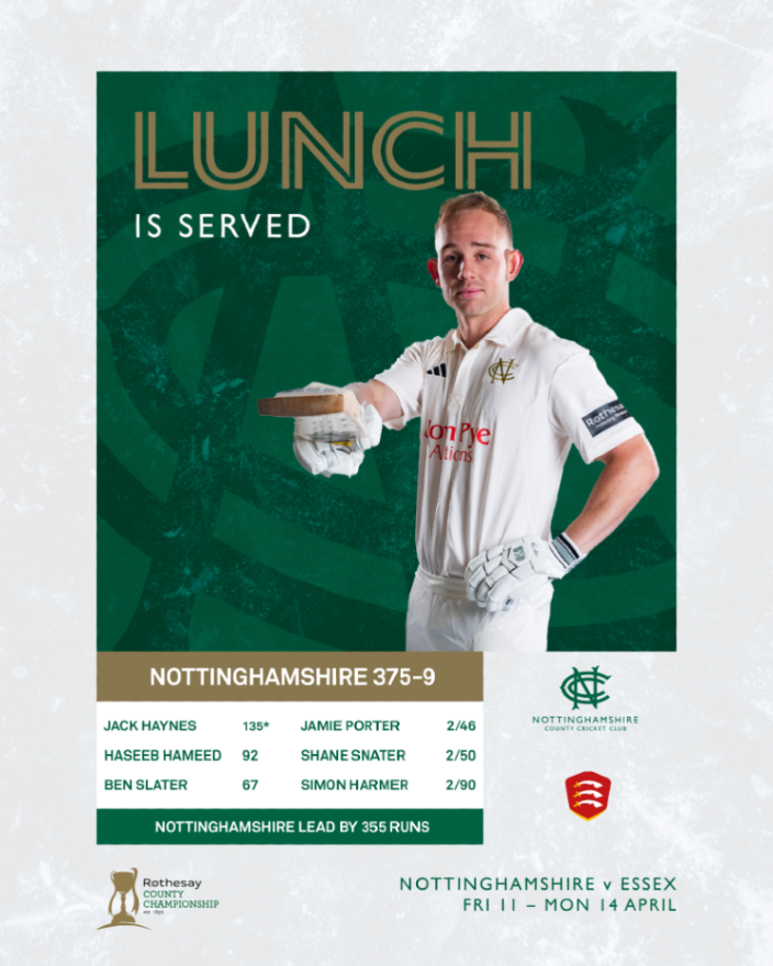 TrentBridge's tweet photo. A session dominated by one man.

We lunch on Day 4 after Jack Haynes' scintillating innings.

#NOTvESS | 📺 https://t.co/odtZgMvjZm https://t.co/68w5h8p3sl