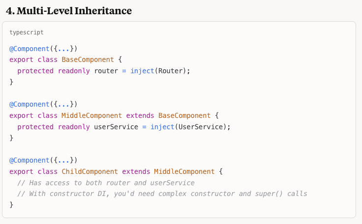 El_Extremal's tweet photo. #TodayILearnt #Angular
Here are examples Clause Ai provided where inject() solves problems that the constructor DI cannot handle:
I am curious if Lazy injection throws with 'inject() must be called from an injection context' https://t.co/KDfC7OBVea