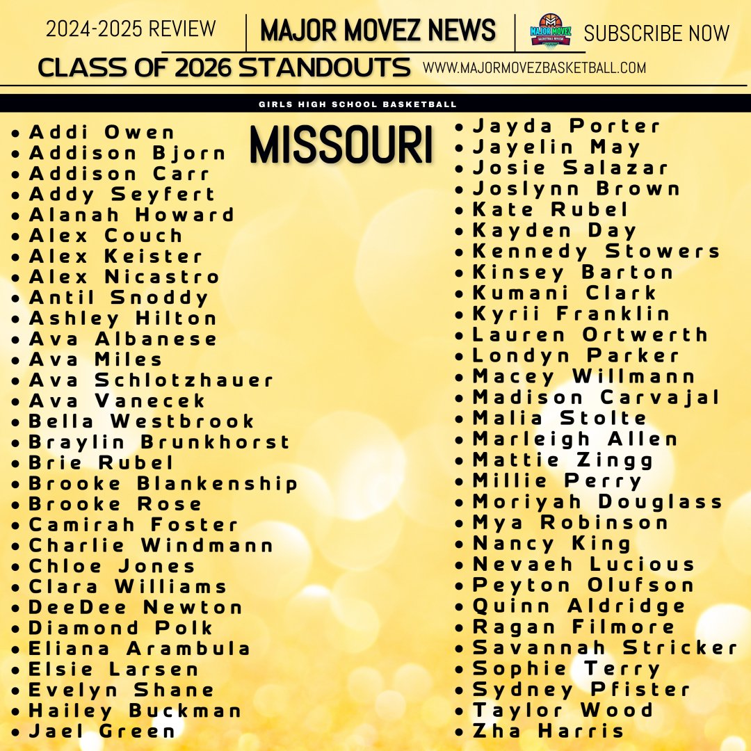 Major Movez Basketball Review #MMBR (@mmbr_coachgbell) on Twitter photo #MMBR Missouri Standouts | Class of 2026
<a href="/addi_owen/">Addi Owen</a> <a href="/AddisonBjorn/">Addison Bjorn</a> <a href="/addy_seyfert32/">Addy Seyfert</a> <a href="/KuClark3/">Kumani Clark</a> <a href="/AvaVanecek2026/">Ava Vanecek</a> <a href="/brooke_blank4/">Brooke Blankenship</a> <a href="/_BellaWestbrook/">Isabella Westbrook</a> <a href="/LuciousNevaeh/">Nevaeh Lucious</a> <a href="/avavalb/">Ava Albanese</a> <a href="/MajorMovezMedia/">Major Movez Media</a> <a href="/lauren_ortwerth/">Lauren Ortwerth</a> <a href="/CamirahF_2026/">Camirah Foster</a> <a href="/antil_s04/">antil snoddy</a> <a href="/kinseylbarton/">Kinsey Barton 2026</a> <a href="/alexnicastro25/">Alex Nicastro</a> <a href="/WillmannMacey/">Macey Willmann</a> #MMBR Missouri Standouts | Class of 2026
<a href="/addi_owen/">Addi Owen</a> <a href="/AddisonBjorn/">Addison Bjorn</a> <a href="/addy_seyfert32/">Addy Seyfert</a> <a href="/KuClark3/">Kumani Clark</a> <a href="/AvaVanecek2026/">Ava Vanecek</a> <a href="/brooke_blank4/">Brooke Blankenship</a> <a href="/_BellaWestbrook/">Isabella Westbrook</a> <a href="/LuciousNevaeh/">Nevaeh Lucious</a> <a href="/avavalb/">Ava Albanese</a> <a href="/MajorMovezMedia/">Major Movez Media</a> <a href="/lauren_ortwerth/">Lauren Ortwerth</a> <a href="/CamirahF_2026/">Camirah Foster</a> <a href="/antil_s04/">antil snoddy</a> <a href="/kinseylbarton/">Kinsey Barton 2026</a> <a href="/alexnicastro25/">Alex Nicastro</a> <a href="/WillmannMacey/">Macey Willmann</a>