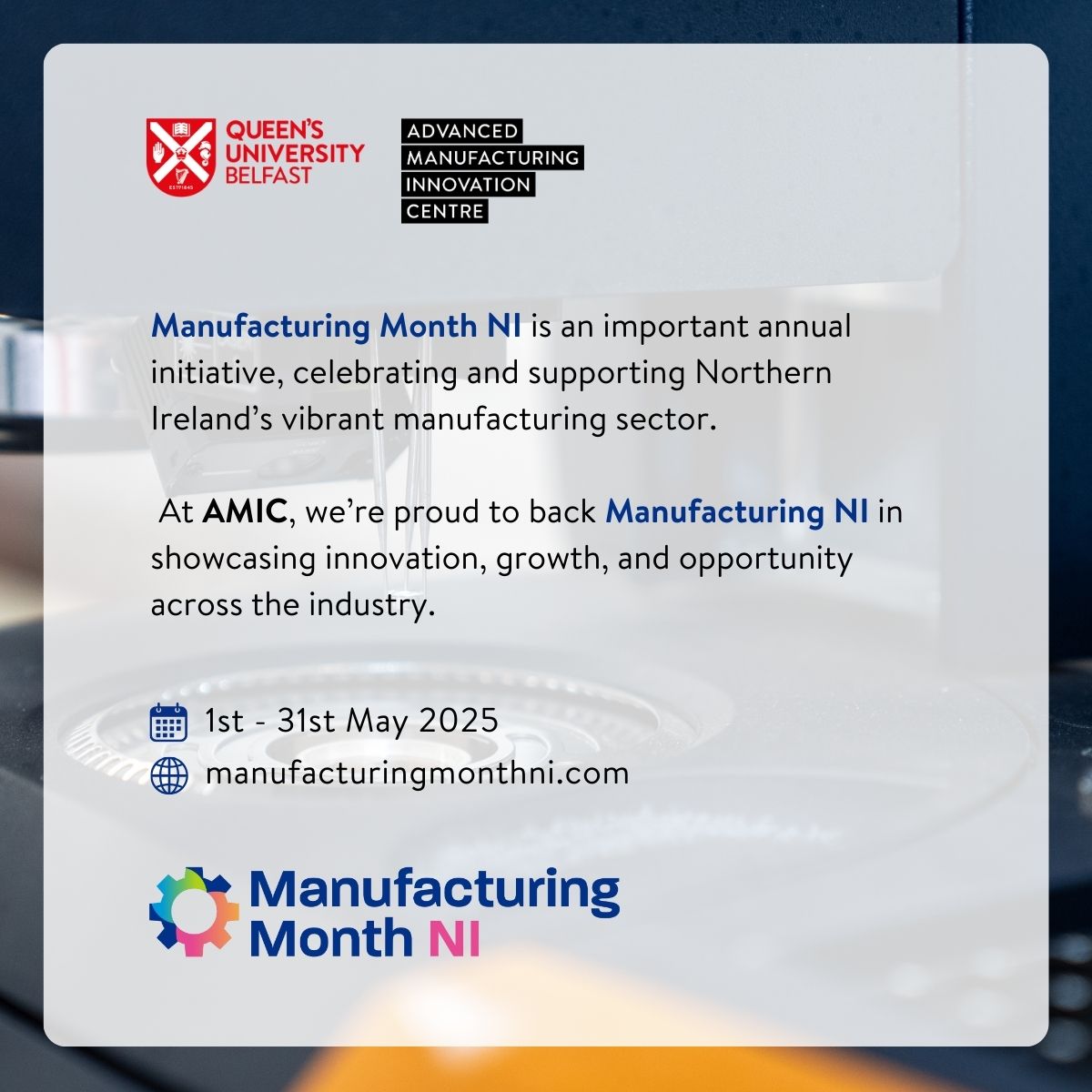 QUBCityDeal's tweet image. AMIC is an official sponsor of @ManufacturingNI! Throughout May, we’ll spotlight the people, partnerships &amp;amp; progress shaping NI’s manufacturing future. 
More at: we-are-amic.com/about/news/man…

#ManufacturingMonthNI #MadeInNI #FutureofManufacturing