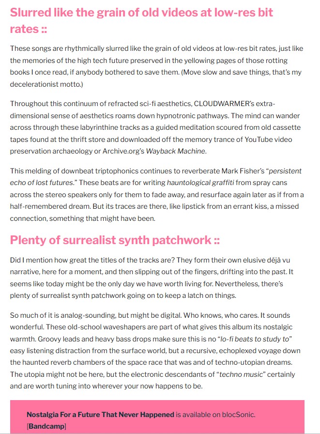 Cloudwarmer (@cloudwarmer_nyc) on Twitter photo Igloo Magazine published a very good review of my album that came out in December on blocSonic. thanks to the writer - justin patrick moore. cheers. check out the article - igloomag.com/reviews/cloudw…
(<a href="/igloomag/">Igloo Magazine</a>)
(<a href="/blocsonic/">blocGLOBAL (blocSonic & Mind’s Ear Records)</a>) Igloo Magazine published a very good review of my album that came out in December on blocSonic. thanks to the writer - justin patrick moore. cheers. check out the article - igloomag.com/reviews/cloudw…
(<a href="/igloomag/">Igloo Magazine</a>)
(<a href="/blocsonic/">blocGLOBAL (blocSonic & Mind’s Ear Records)</a>)
