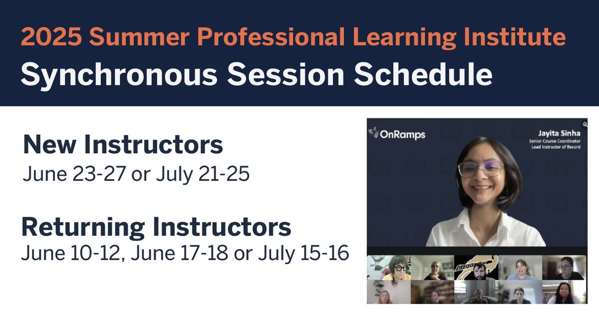 📢 Calling all #OnRamps Instructors! Registration is open now for Summer Professional Learning Institute (PLI) synchronous sessions. Approved Instructors can access their Canvas course to register and start preparing for 2025-2026. #OnRampsPLI