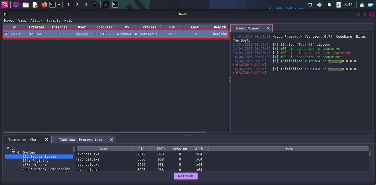 _m00ndie's tweet image. NomNom’s gone full beast mode! :-)
I&apos;ve now integrated Havoc C2 into NomNom, I&apos;m very stoked. After execution, it injects shellcode into Notepad to run a Havoc Demon which connects back to the Teamserver. Malware Development is so fun