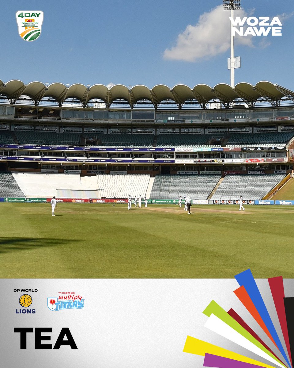 Tea on the final day of the #4DaySeries Final at DP World Wanderers! 🏟🏆

The Momentum Multiply Titans have turned the game on its head — now at 301/4 and in the lead for the first time by 11 runs. A dominant day in the middle for them thus far! 🏏🔥

Don’t miss the dramatic