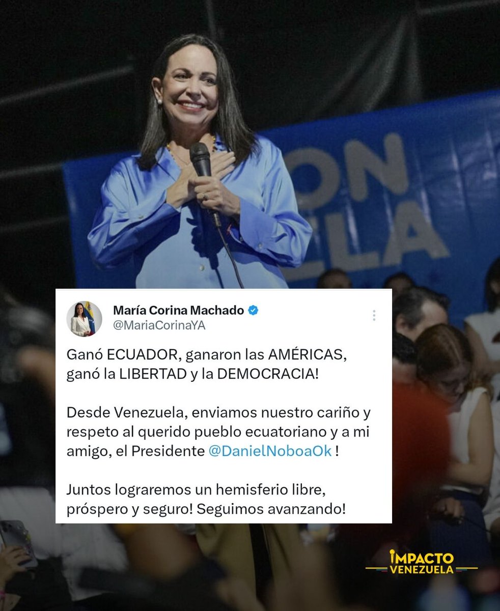 ImpactoVE's tweet image. 🇻🇪 &quot;GANÓ ECUADOR, GANARON LAS AMÉRICAS&quot; 

@MariaCorinaYA felicita a Daniel Noboa por su reelección como presidente de Ecuador 

&quot;Desde Venezuela, enviamos nuestro cariño y respeto al querido pueblo ecuatoriano y a mi amigo, el presidente @DanielNoboaOk&quot;
