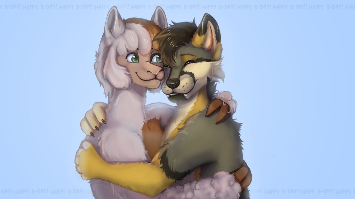 Birthday gift -art I got last year from my very close and beloved friend. <a href="/Rosasilverfox/">Rosa Silverfox</a> . 
Her alpacka character giving my fox a nice warm hug. :3