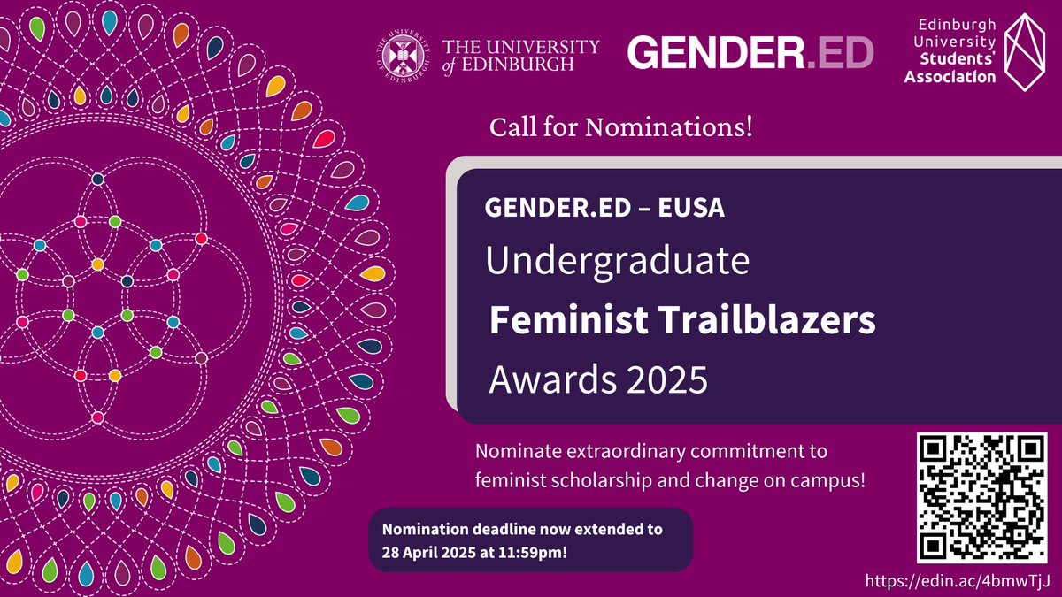 📢We have now extended the nomination deadline for the 2025 GENDER.ED - EUSA UG Feminist Trailblazers Awards!

To nominate by 28 April, visit: edin.ac/4bmwTjJ

To read more about previous winners, visit: edin.ac/3XMRJDj