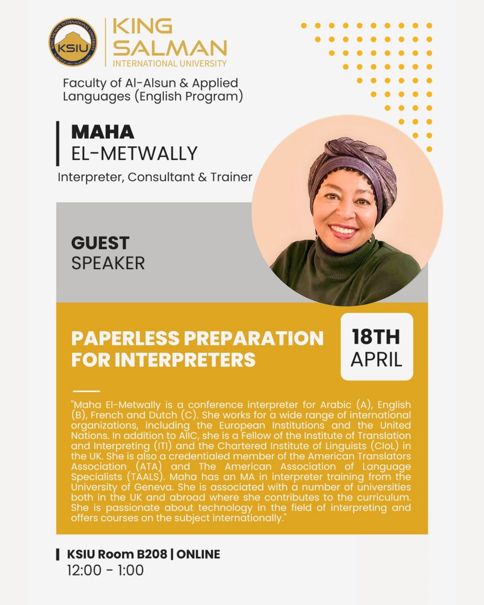 Maha El-Metwally مها المتولي (@mahaelmetwally) on Twitter photo Happy to share that I will give a webinar on 18 April 2025 for the Faculty of Al-Alsun and Applied Linguistics at <a href="/KSIU_Official/">King Salman International University</a>, Egypt. I'll talk about #paperless preparation for #terps.
✅ If you would like to join, please register at this link: shorturl.at/Iild6 Happy to share that I will give a webinar on 18 April 2025 for the Faculty of Al-Alsun and Applied Linguistics at <a href="/KSIU_Official/">King Salman International University</a>, Egypt. I'll talk about #paperless preparation for #terps.
✅ If you would like to join, please register at this link: shorturl.at/Iild6