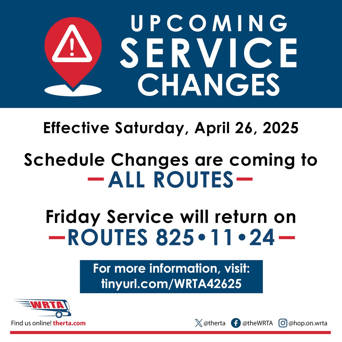 🗓️ April 26 = Schedule Changes
🚍 All routes affected
🙌 Friday service returns on 825, 11, 24!
📲 Check updates now: therta.com/routes-schedul…