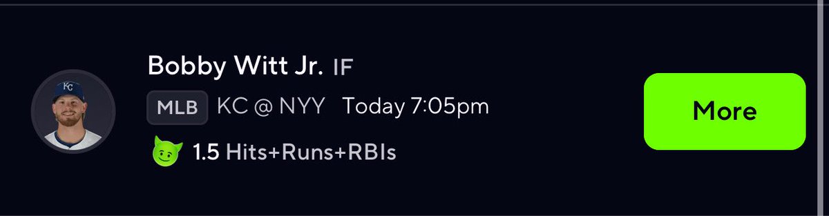 PERFECT_P3's tweet photo. Bobby Witt Jr. 1.5 HRR ⬆️ 💕

#PrizePicks #underdog #mlb https://t.co/680JnzyGCR