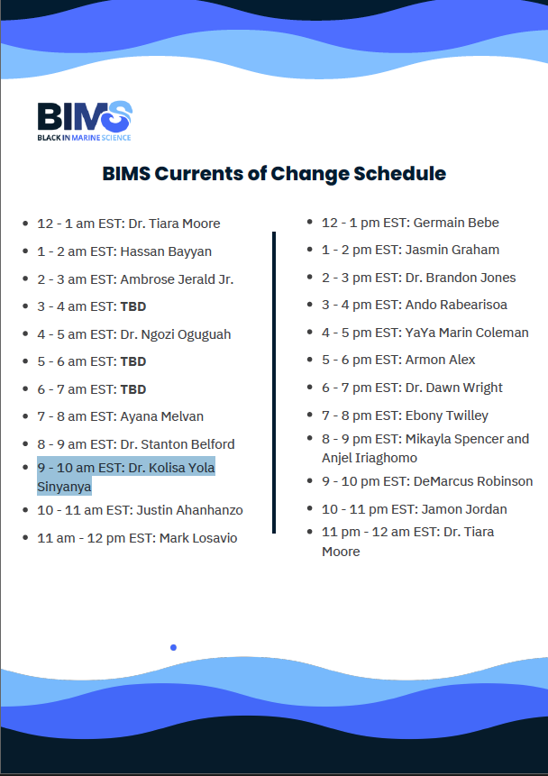 Kolie_Yola's tweet image. I'm honoured to participate in the BIMS @BlackinMarSci  Earth Day 24-Hour Broadcast! Catch me live at 9–10 AM EST (3-4 PM SAST) as we ride the Currents of Change 🌊🌱

Grateful to #BIMS for centering our voices in ocean science! #BIMSEarthDay #CurrentsOfChange #EarthDay2025