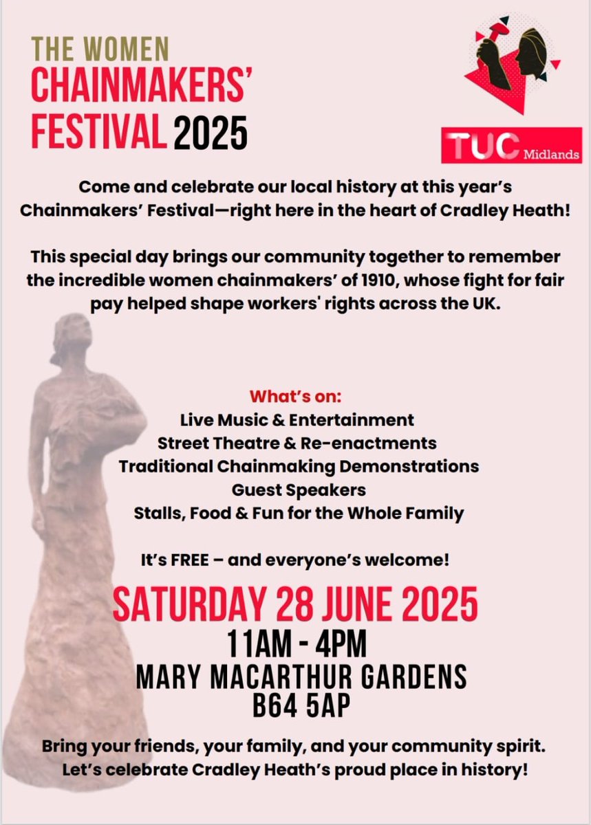 To understand our future, we have to understand the struggles of the past.

Join us in remembering the chainmakers of 1910, whose fight for fair pay helped shape workers' rights across the UK
<a href="/unisonwestmids/">UNISON West Midlands</a> <a href="/unisontheunion/">UNISON - UK's largest union</a> <a href="/TUCMidlands/">TUC Midlands</a> <a href="/BirminghamTUC/">Birmingham Trades Union Council</a>
