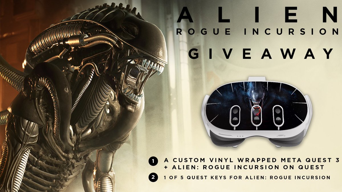 Survios's tweet image. To celebrate the release of #AlienRogueIncursion on Quest 3 & 3S, we're giving away a custom wrapped Meta Quest 3 Headset or 1 of 5 copies of the game on Quest 3 & 3S! Enter now: bit.ly/4jc7jBc