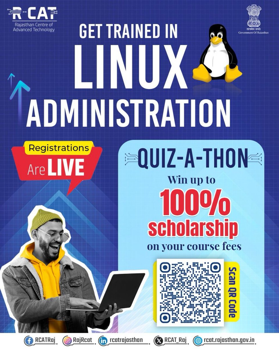 rajrcat's tweet image. If you're aiming for a career in DevOps, cybersecurity, or cloud, Linux is where it starts.
Participate in QUIZ-A-THON and win up to 100% scholarship on RCAT’s Linux certification course.
Simple quiz. Real rewards.
Register here- rcat.rajasthan.gov.in/content/raj/rc…
#LinuxTraining #RCAT