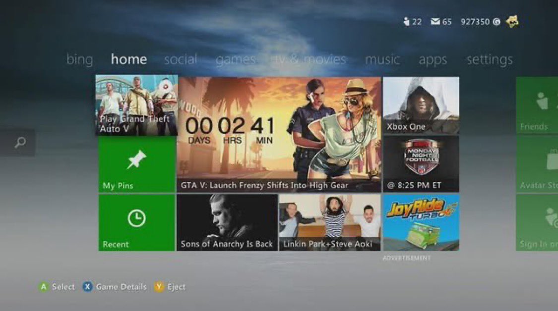 Nuro (@nuro_citrix) on Twitter photo The Xbox 360 dashboard on 16th September 2013. 
2 hours and 41 minutes before the release of GTA V. The Xbox 360 dashboard on 16th September 2013. 
2 hours and 41 minutes before the release of GTA V.