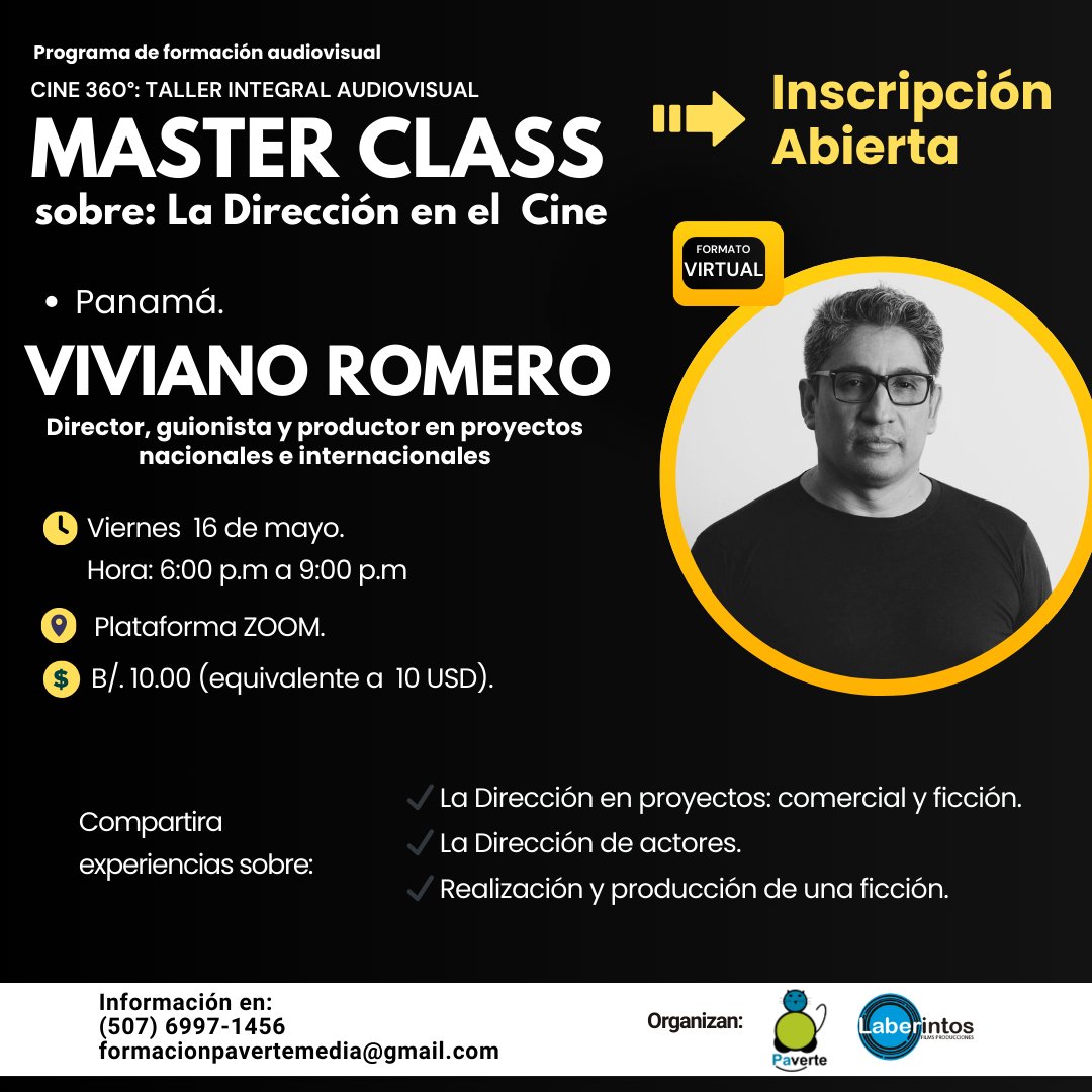 Pavertec's tweet photo. Ciclo de Master Class.
Dirección de actores, con Viviano Romero. Escucha y comparte con un especialista en al dirección y producción, tanto en cine como en área comercial. 
Link: https://t.co/3spXHP60qp
.
#masterClass  
#direcciondeActores   
#direcciondeCine
#panama https://t.co/QEnsZwESV5