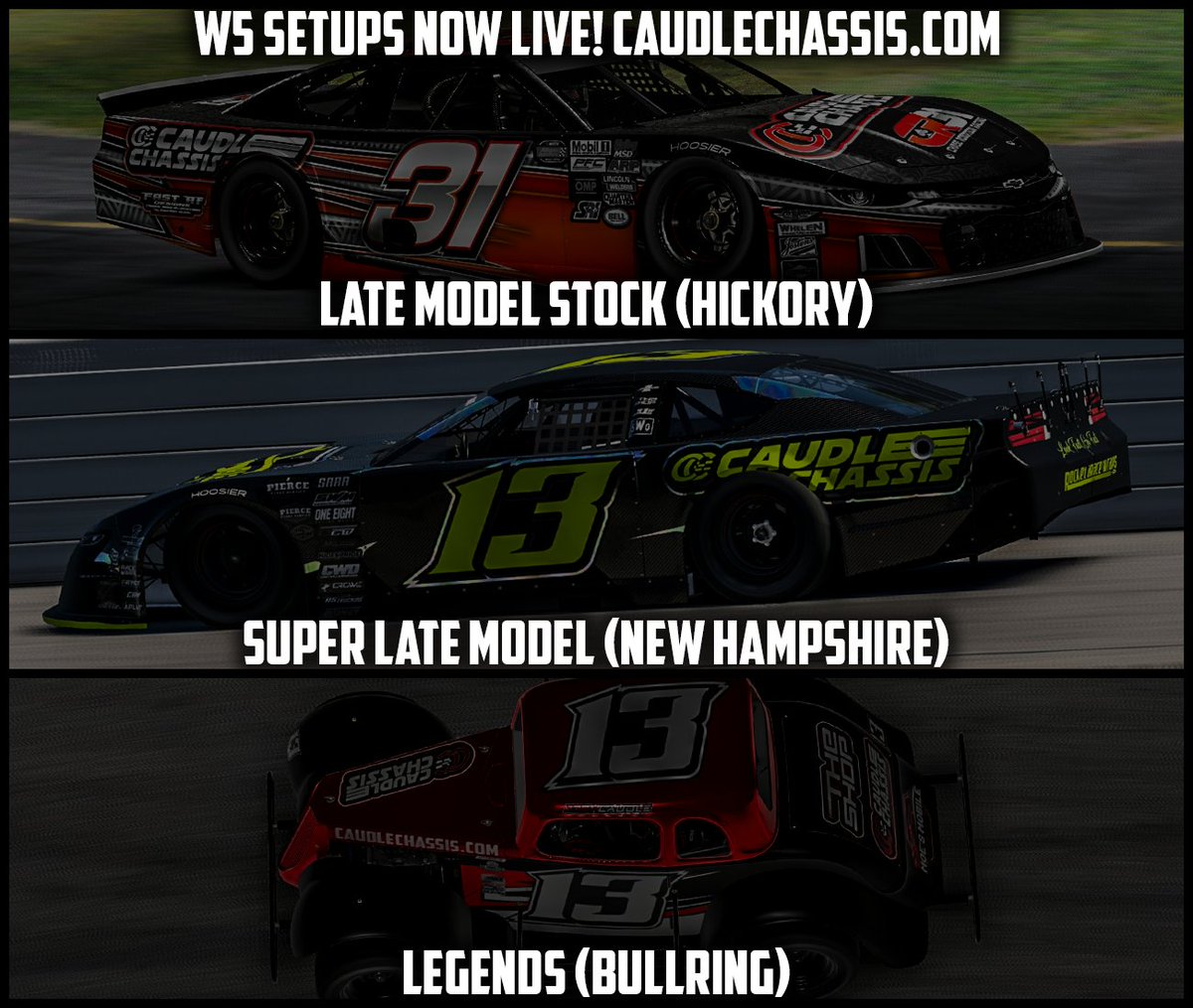 Our Week 4 Setups are now LIVE!

We got a really fun week of racing coming up.

LMSC Setup (Hickory): caudlechassis.com/products/late-…...

SLM Setup (New Hampshire): caudlechassis.com/products/slm-s…...

Legends Setup (Bullring): caudlechassis.com/.../legends-se…...

#caudlechassis #iracing #simracing