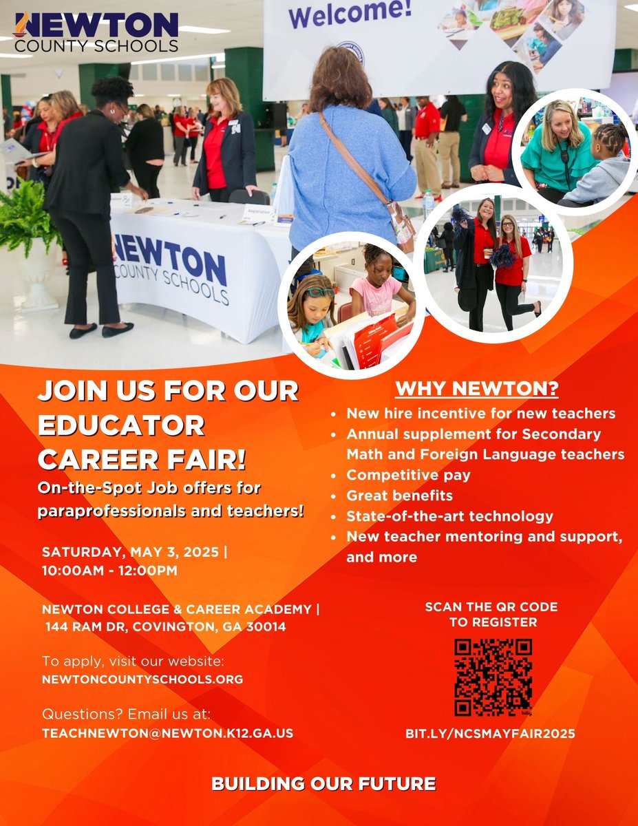 Are you ready to take the next step in your teaching career? Join us at the Newton County Schools Educator Career Fair on Saturday, May 3, 2025, from 10:00 AM – 12:00 PM at the NCCA (144 Ram Dr, Covington, GA 30014)! Register now: bit.ly/NCSMAYFAIR2025